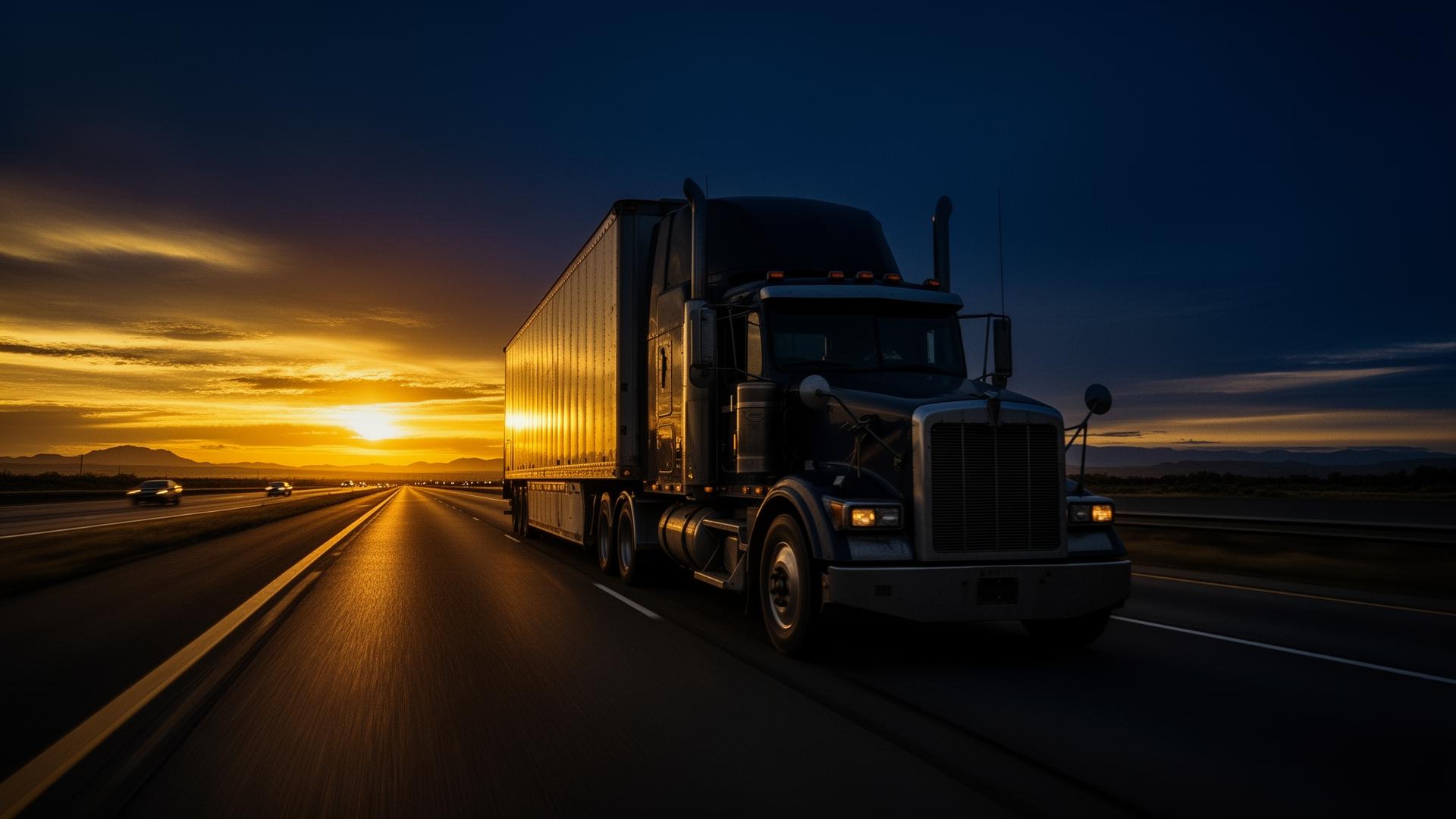 Semi-truck on a wet interstate at dusk