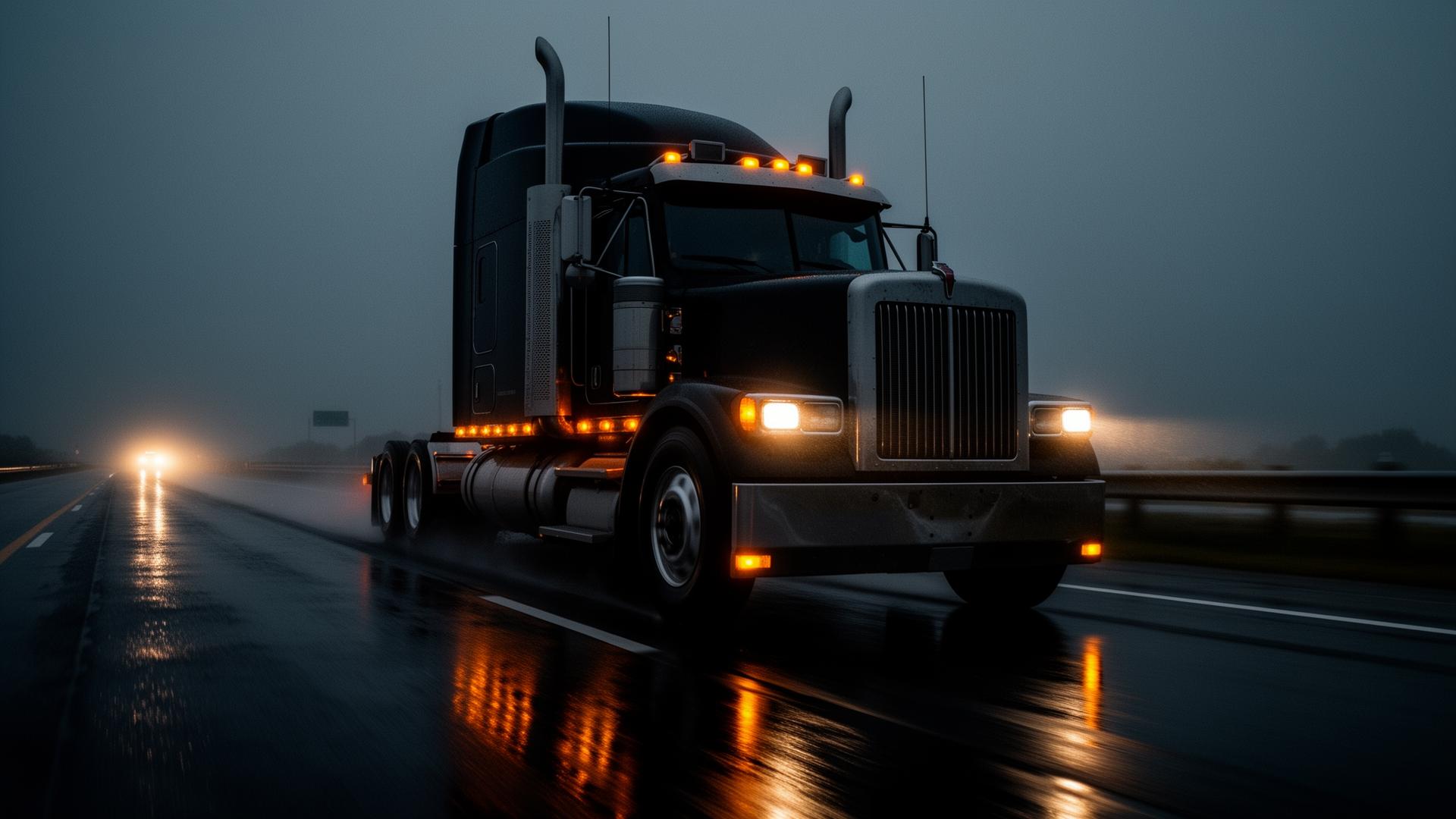 Semi-truck on a wet interstate at dusk